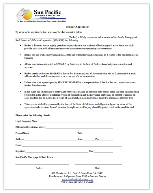 Brokeragreement For Any Licensed Broker And Loan Originator Who Wants To Close More Transactions Using Our Private Money Programs - We Work With Brokers!  Brokering A Loan You Are Unable To Get Done To Us Can Help You Close More Deals While Still Earning Commissions.